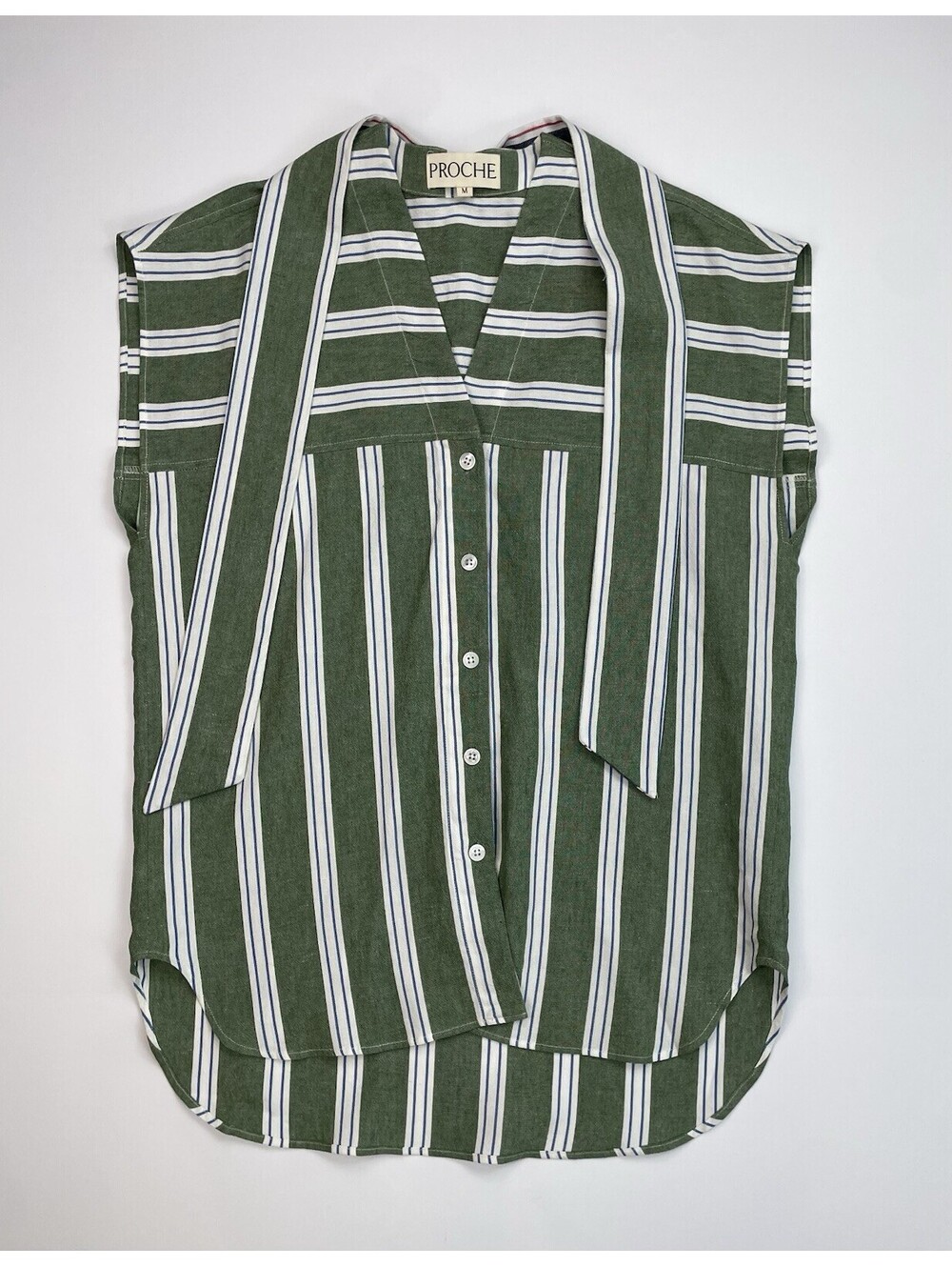 PROCHE Cabana Stripe Convertible Tie Top M Linen Blend Belt Resort Coastal